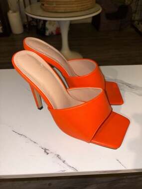 Orange Square Toe Heeled Mule Sandals Size 40